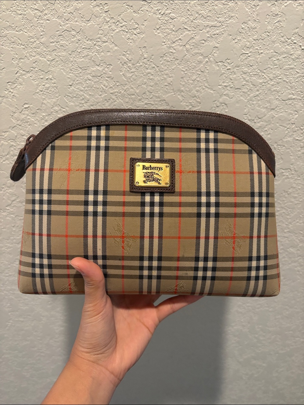 Burberry Tan Check Cosmetic Pouch with Brown Trim